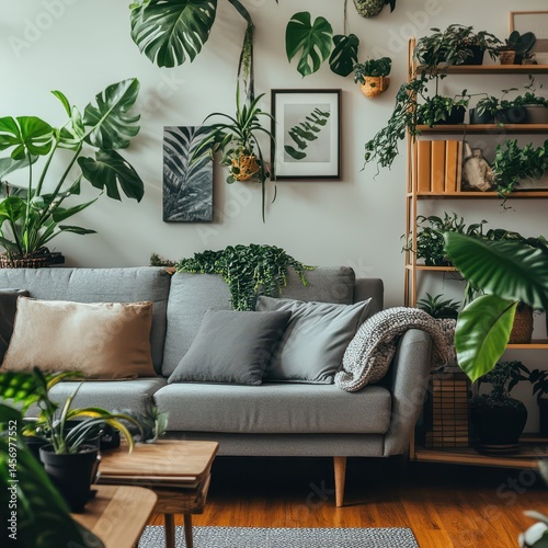 Cozy living room filled with variety of vibrant indoor plants including monstera fiddle-leaf fig and snake plant against modern minimalist backdrop