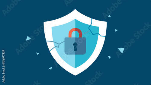 Broken Shield An of a shield with cracks and a lock falling out representing the weakening of digital privacy protections and the vulnerability to breaches.