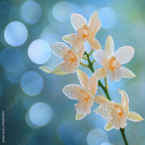 Delicate cluster of blooming orchids on green stem with intricate petal details and soft background bokeh