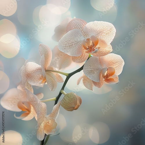 Delicate cluster of blooming orchids on green stem with intricate petal details and soft background bokeh