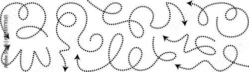 Squiggly dotted arrow, vector dashed curved line arow set. Rise and fall change plan, doodle shaped pointer map element. 3d dynamic curly direction loop scribble. Abstract long spiral waving chart