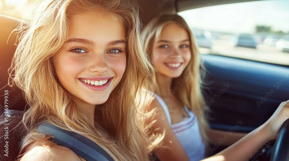 Fototapeta premium Two Caucasian Teen Girls Smiling in a Car