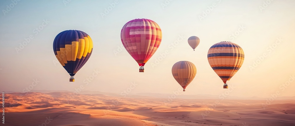 Fototapeta premium Colorful hot air balloons over a desert landscape.