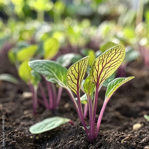Detailed close-up of young sprouts in garden bed showing fine veins on leaves and surrounding soil particles in crisp focus