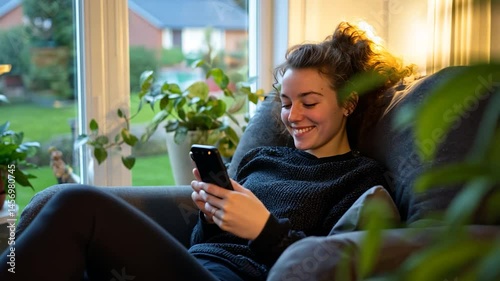 Woman on sofa uses phone near plant, window, houses view