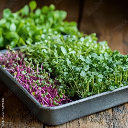 Detailed shot of microgreens tray with young tender greens like basil radish and sunflower on rustic wooden table with lush fresh leaves