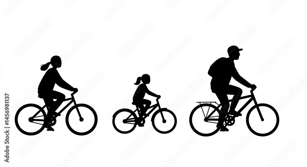 Fototapeta premium Family Cycling Silhouettes Joyfully Riding Bicycles on White Background 
