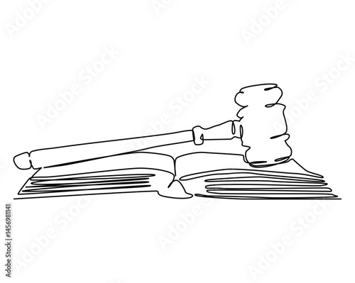 Continuous one line art of Judge's hammer over the books.