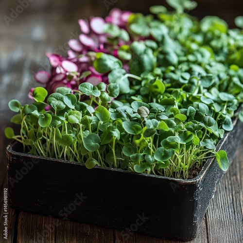 Detailed shot of microgreens tray with young tender greens like basil radish and sunflower on rustic wooden table with lush fresh leaves