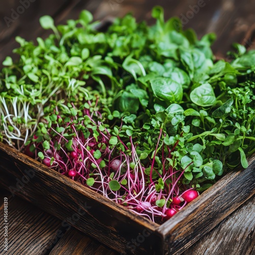 Detailed shot of microgreens tray with young tender greens like basil radish and sunflower on rustic wooden table with lush fresh leaves