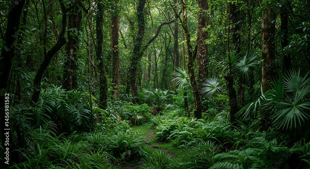 Fototapeta premium A verdant pathway winds through a dense rainforest, with vibrant green foliage and towering trees, creating a serene and untouched natural atmosphere
