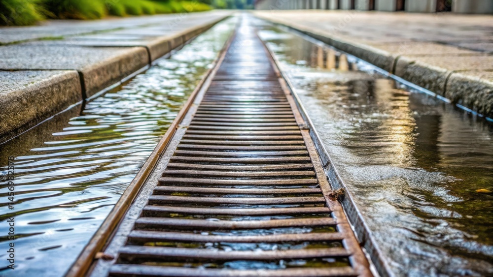 Obraz premium Linear water feature with a rusted metal grate, gently flowing water, and stone pathways flanking either side.