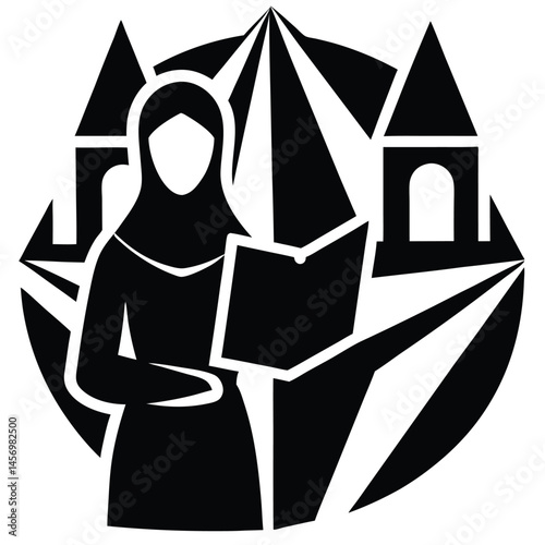 Woman in Hijab Reading a Book in Front of Architectural Structures