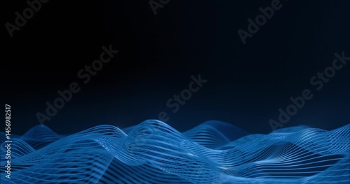 Digital blue waves flow across a dark background, representing data flow and network connection in a futuristic technology abstract. Seamless loop. 3D render