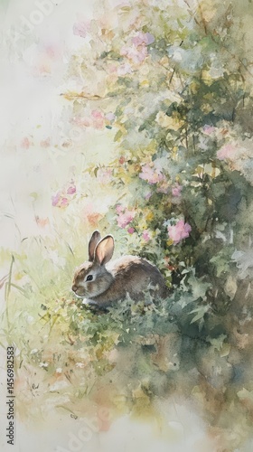 Soft watercolor painting of rabbit resting under bush in blooming spring garden with delicate brushstrokes pastel tones and light airy composition