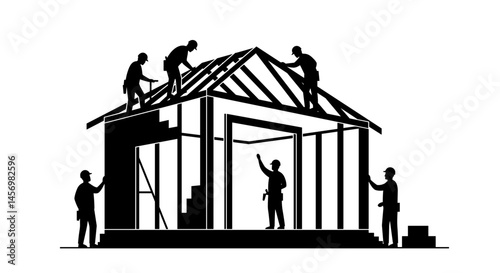 Construction workers building a house silhouette  