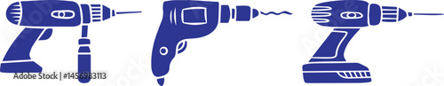 Electric drills, power tools, cordless drills, blue and white color scheme, hardware illustration, construction equipment, DIY tools, simplified design