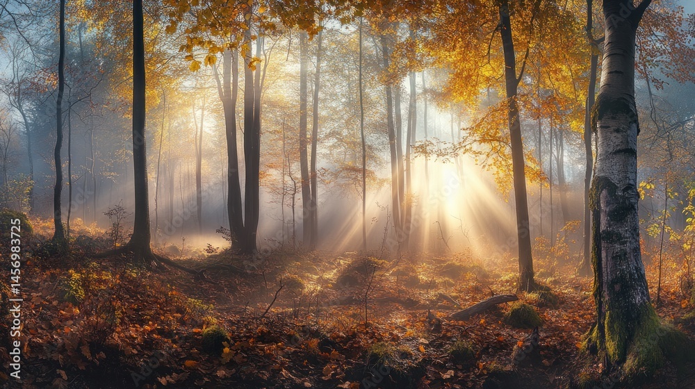 Obraz premium Golden Sunlight Piercing Autumn Forest