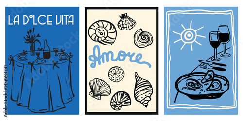 Italian French food restaurant doodle line wine sketch poster printable collection. Vacation summer party set. La dolce vita whimsical feminine style