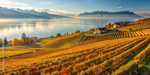 Lush orange autumn vineyards on a hazy day with Lake Geneva in the background, fall colors, vineyard architecture