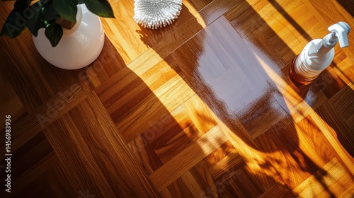 Top-down view of freshly polished floor with cleaning tools like mop and polish bottle placed neatly to the side highlighting surface shine