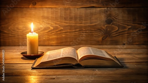 A opened bilingual Bible book on John with a wooden table and a candle in the background