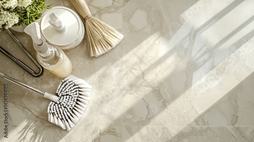 Top-down view of freshly polished floor with cleaning tools like mop and polish bottle placed neatly to the side highlighting surface shine