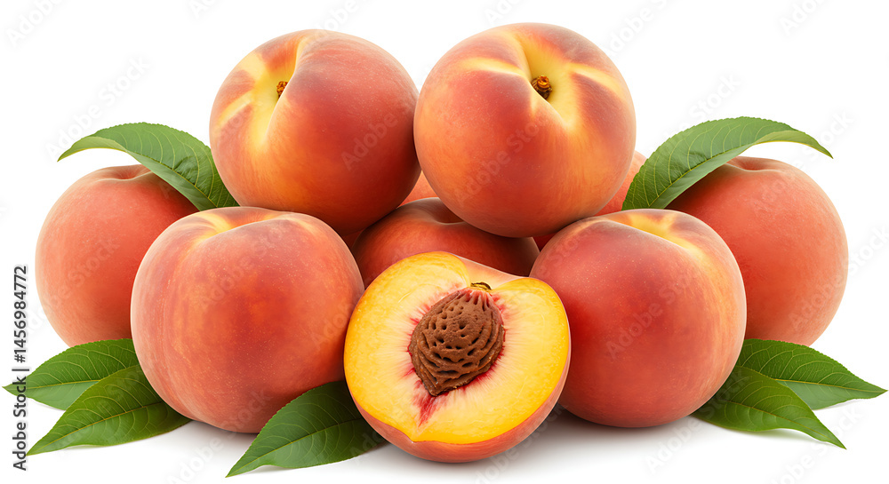 A pile of fresh peaches with green leaves, isolated on white, with one peach cut open at the front showing the seed and juicy interior