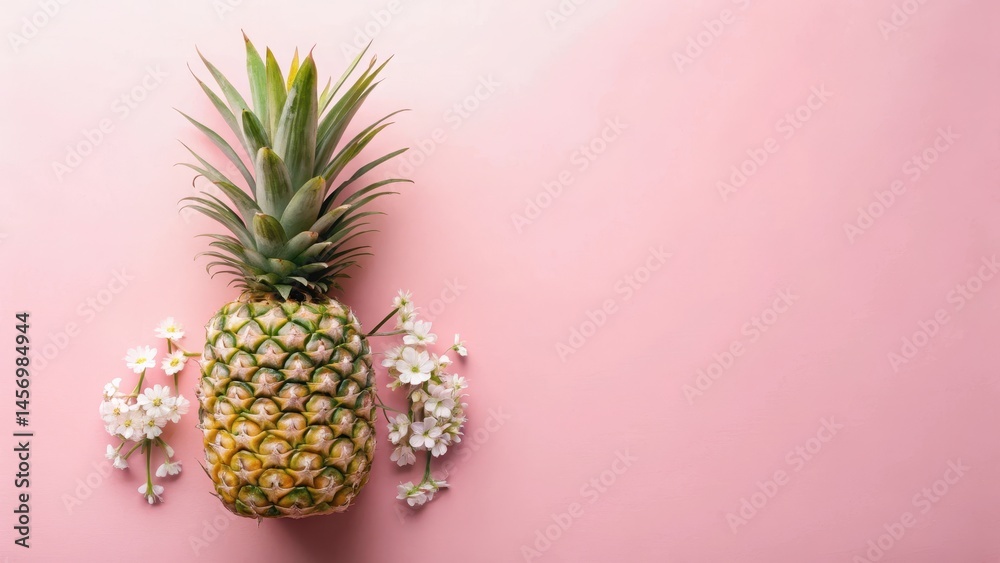 Fototapeta premium Fresh whole pineapple on soft pastel pink background with delicate white flowers and subtle greenery foliage