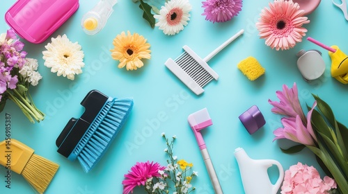 Top-down view of spring cleaning checklist with tools like brooms and vacuums and fresh bouquet of flowers creating cheerful productive vibe