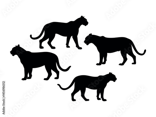 Silhouettes of Panther Family Members in a Group, Black Panther Silhouettes in Different Poses, panther, big cat, cat, jaguar, leopard, cheetah, tiger, graphic design, wild animal, illustration, vecto