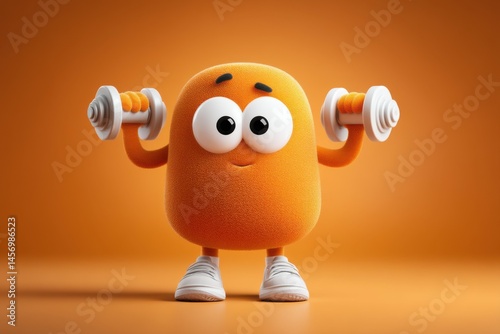 Cute Orange Creature Weightlifting, 3D Illustration, Fitness Mascot, Character Design