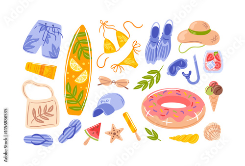 A collection of summer themed symbols including a swimsuit, surfboard, sunglasses, hat, watermelon slice, donut buoy, ice cream, starfish and shell.