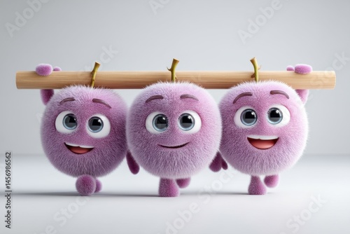 Three Cute Purple Furry Grapes Teamwork, Carrying a Wooden Bar, 3D Illustration, Cartoon Character Design