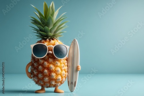 Cool Pineapple Surfer Dude with Surfboard, 3D Render, Illustration, Summer Vibes