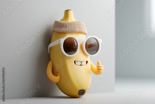 Cool Banana Character with Sunglasses and Hat, 3D Illustration, Mascot Design