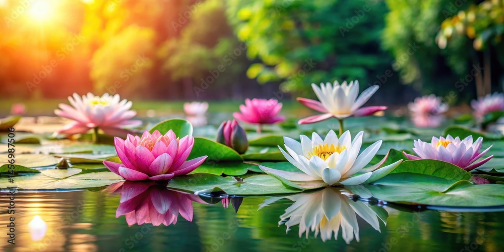 Serene Water Lilies floating on calm lake surface surrounded by lush greenery and vibrant flowers, serenity, vegetation Serene Water Lilies floating on calm lake surface surrounded by lush greenery and vibrant flowers, serenity, vegetation