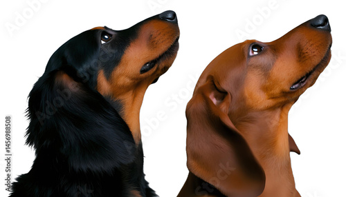 Two dachshunds of different colors, close-up, standing side by side and looking up at their invisible owner, isolated on transparent background