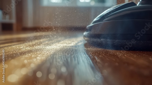 Vacuum cleaner head gliding over hardwood floor picking up tiny dust particles in high-detail shot with sharp focus