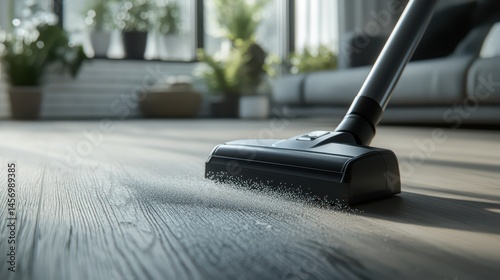 Vacuum cleaner head gliding over hardwood floor picking up tiny dust particles in high-detail shot with sharp focus