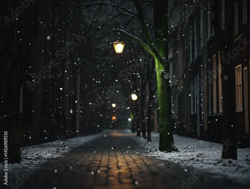 A snowy, wintry night scene of a cobblestone street lined with dark buildings.