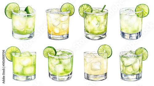 PNG Set of Tommy's Margarita cocktails with lime wedges and ice cubes in short transparent glasses. Watercolor illustration on black background. Assorted tequila and lime drinks 