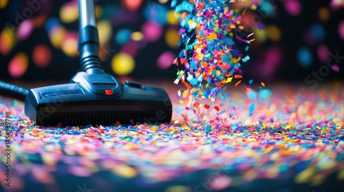 Vacuum cleaner sucking colorful confetti from floor at party with fun vibrant atmosphere and joyful moment