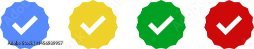 Check mark tick verification icon symbol vector - Blue, Gold, Green and Red. Verified check mark badge. Verification icon. Verified authentication symbol.