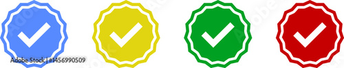 Check mark tick verification icon symbol vector - Blue, Gold, Green and Red. Verified check mark badge. Verification icon. Verified authentication symbol.
