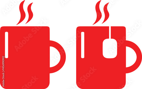 Red mugs, steaming hot beverages, minimalist design, flat illustration, coffee icons, tea symbols, simple shapes, geometric art, bold red color, white background, symmetrical