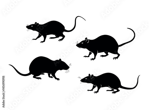 Silhouetted illustration of a rat. Bold black and white illustration of a rat, rat, rats, silhouette, black and white, black, white, profile, animal, set of nine black silhouettes of rats in various p