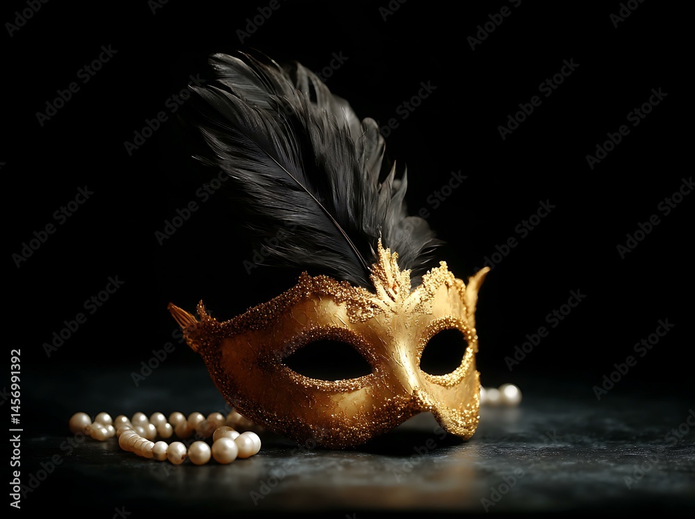 Naklejka premium Golden Venetian Mask with Black Feathers