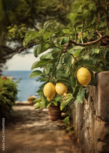 Fresh Lemon Fruits on a Tree Branch in Garden Courtyard Overlooking Scenic Coastal Landscape Mediterranean sea