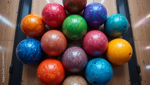 Colorful bowling balls arranged on a rack at a bowling alley during evening hours